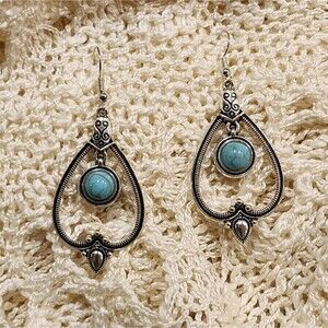 NEW Silver Toned and Faux Turquoise Upside Heart Pattern Earrings